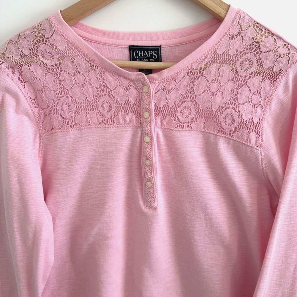 Chaps Classics Lace Yoke Henley Top 3/4 Sleeve 100% Cotton Women’s XL Pink Girly